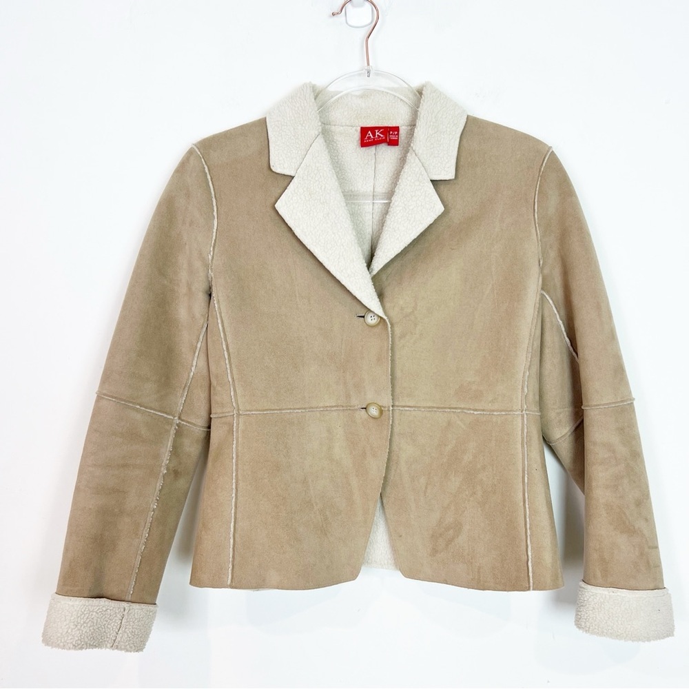 ANNE KLEIN VIENNA LATTE TAN FAUX SUEDE FLEECE LINED BUTTON FRONT JACKET SZ XS